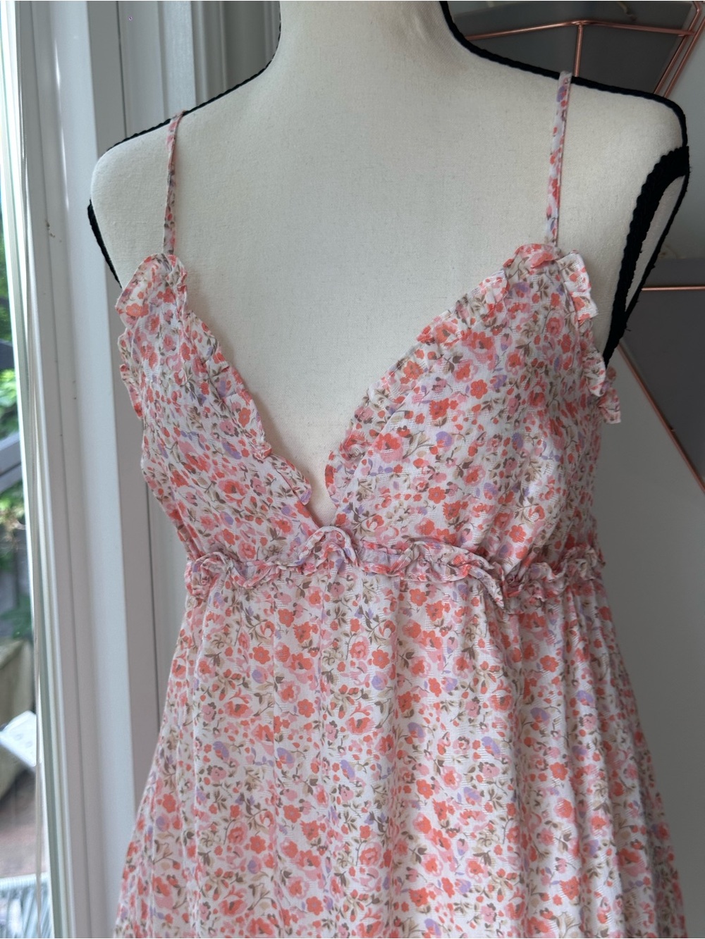 MOLLY BRACKEN Floral Pink Ruffle Hem Spaghetti Strap Babydoll Dress Size Small - Picture 2 of 9
